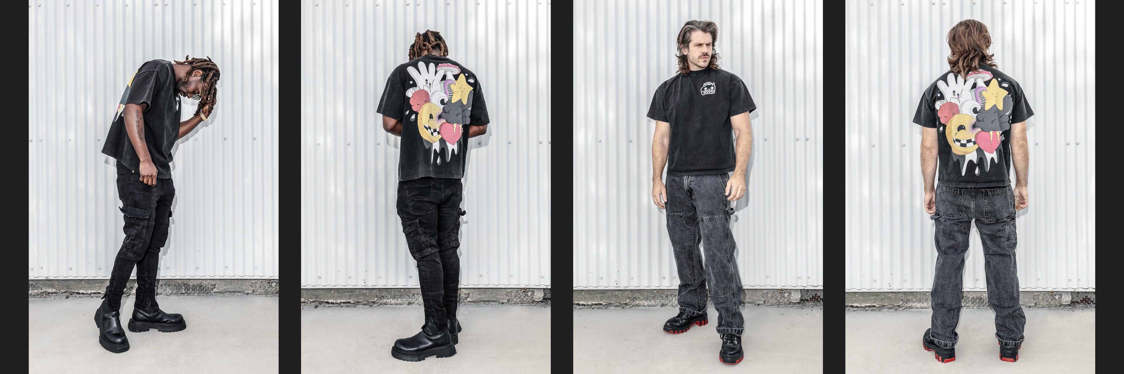 Person wearing a black t-shirt with the Chellyz mural design on the back, standing against a white wall.